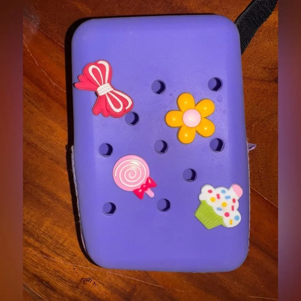 Purple Silicone Water Bottle Phone Pouch with Charms & Adjustable Stretch Strap